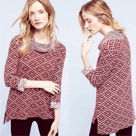 Anthropologie Moth Cowl-Neck Sweater w/Red & White Geometric Pattern GUC, Size S